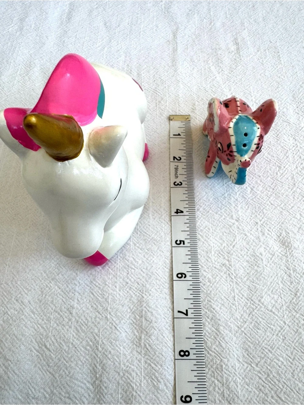 Vintage Elephant Salt Shaker and a Unicorn Piggy Bank. Ceramic Kitsch.